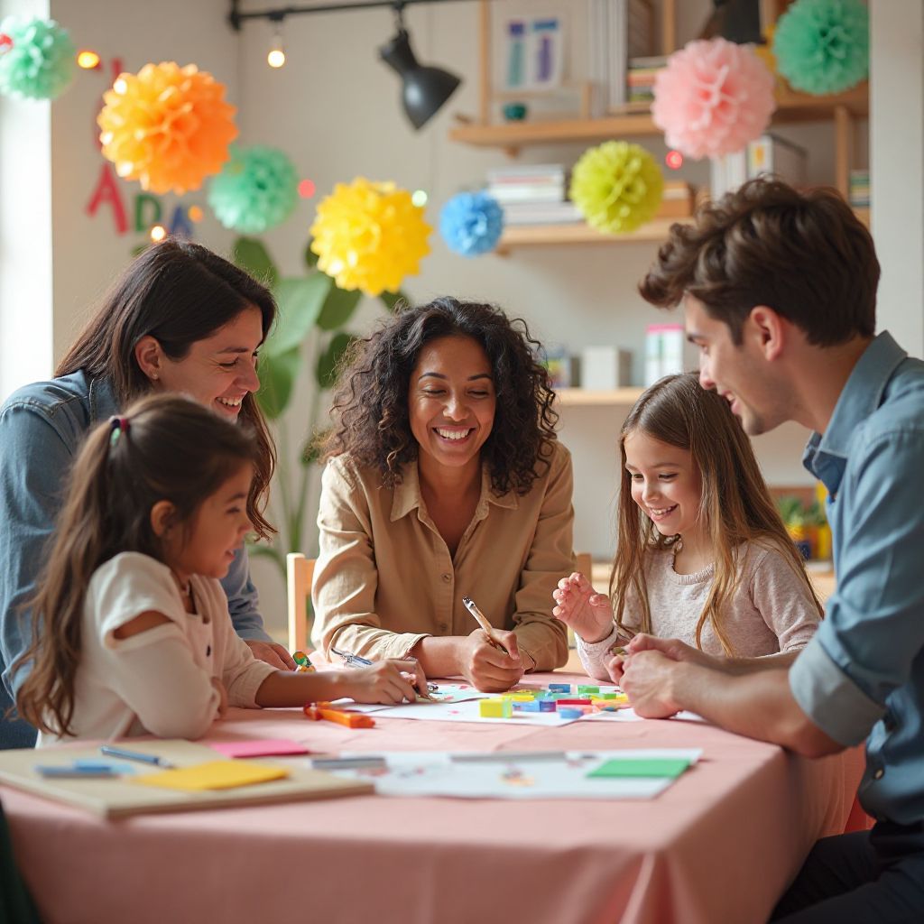 Company founders planning children's party celebration